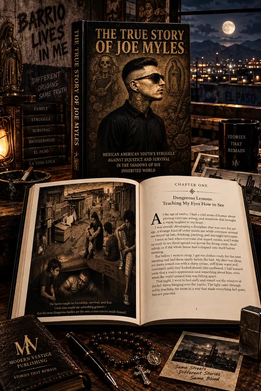 Open books and printed pages spread across a writer's desk.