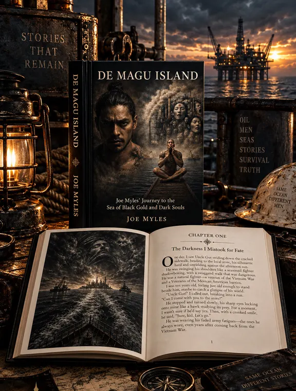 The De Magu Island edition displayed on a shelf beside an open book.